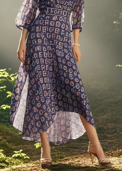 Bohemian Purple V Neck Print Chiffon Mid Dress Bracelet Sleeve