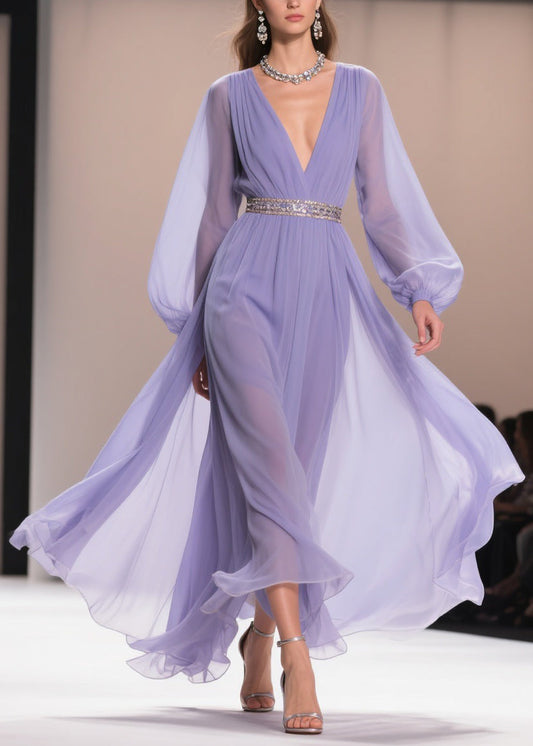 Bohemian Purple V Neck Wrinkled Chiffon Exra Large Hem Dresses Spring