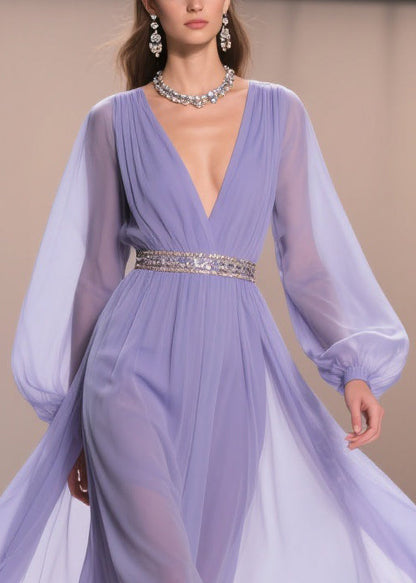 Bohemian Purple V Neck Wrinkled Chiffon Exra Large Hem Dresses Spring