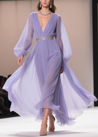 Bohemian Purple V Neck Wrinkled Chiffon Exra Large Hem Dresses Spring