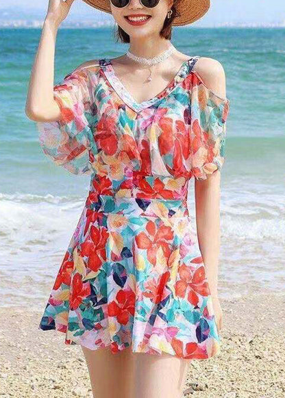 Bohemian Rainbow Cold Shoulder Print Slips Lingerie Set Swimwear