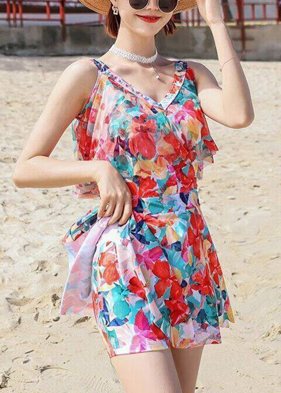 Bohemian Rainbow Cold Shoulder Print Slips Lingerie Set Swimwear