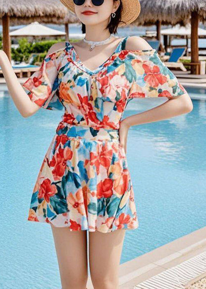 Bohemian Rainbow Cold Shoulder Print Slips Lingerie Set Swimwear