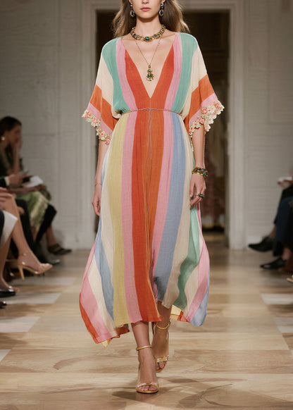 Bohemian Rainbow V Neck Striped Cotton Maxi Dresses Summer
