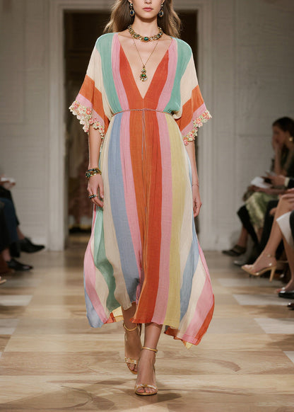 Bohemian Rainbow V Neck Striped Cotton Maxi Dresses Summer