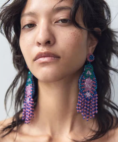 Bohemian Rainbow Weave Crystal Beading Tassel Drop Earrings