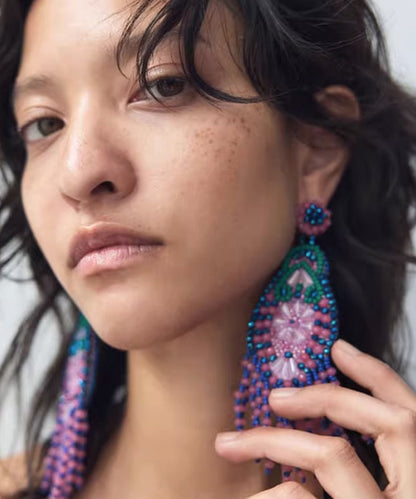 Bohemian Rainbow Weave Crystal Beading Tassel Drop Earrings