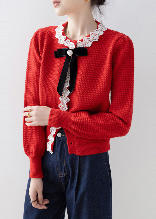 Bohemian Red Bow Nail Bead Knit Cardigan Winter