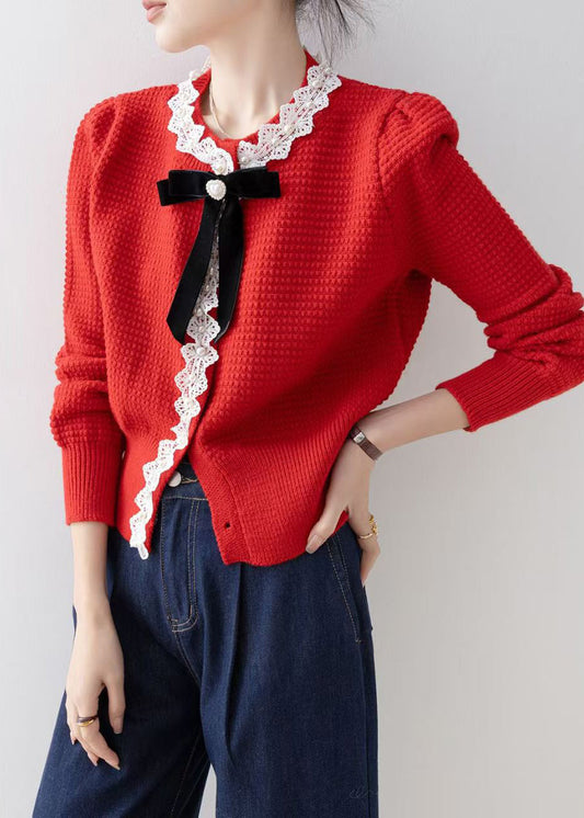 Bohemian Red Bow Nail Bead Knit Cardigan Winter
