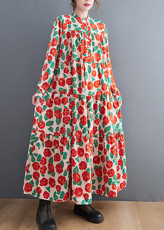 Bohemian Red Button Stand Collar Shirt Dresses Long Sleeve