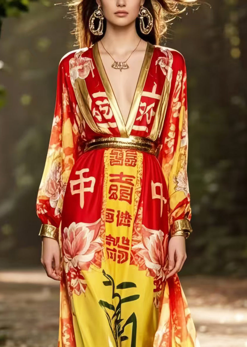 Bohemian Red Cinched Print Chiffon Holiday Dress Spring