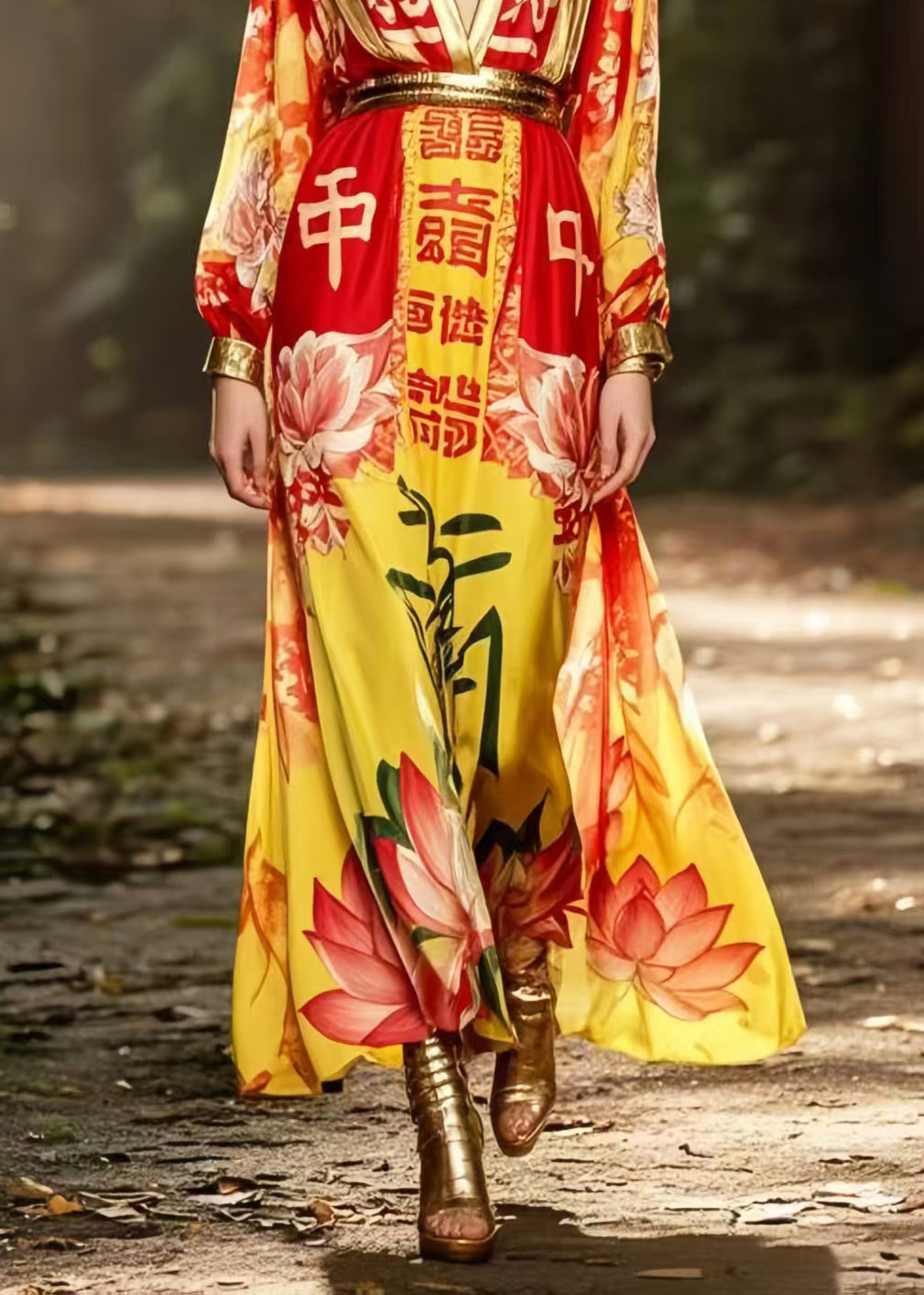 Bohemian Red Cinched Print Chiffon Holiday Dress Spring