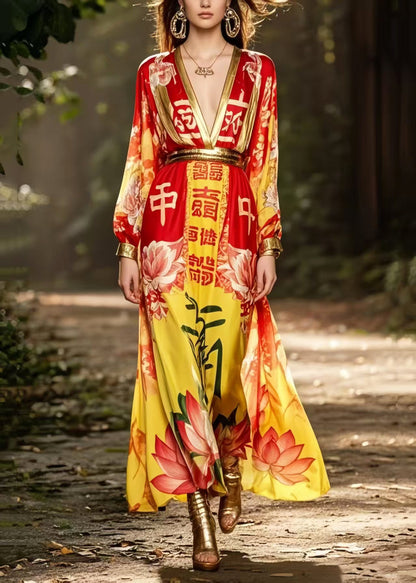 Bohemian Red Cinched Print Chiffon Holiday Dress Spring