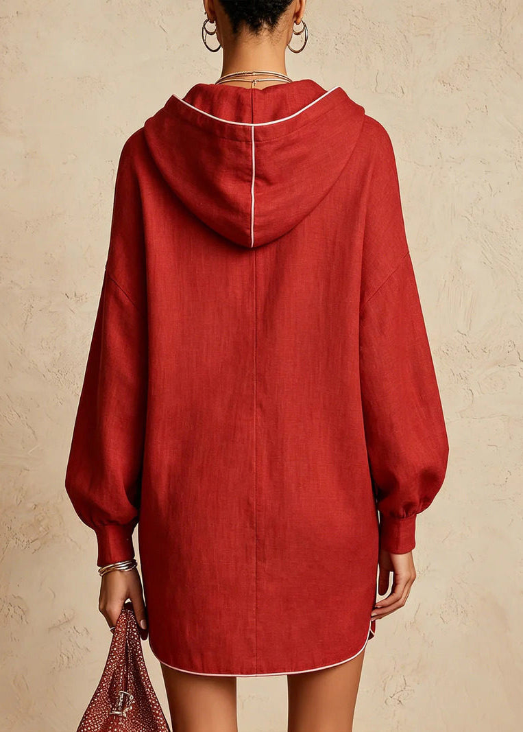 Bohemian Red Contrast Piping Hooded Drawstring Mini Dress Fall