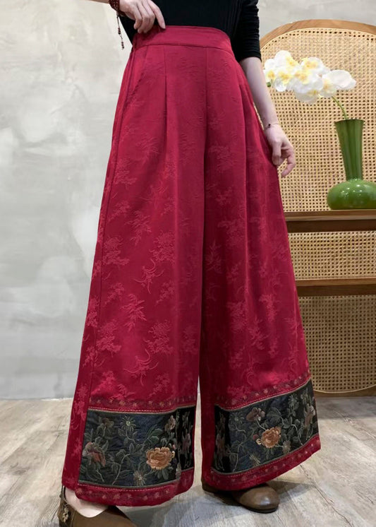Bohemian Red Embroidered Jacquard Cotton Pants Spring