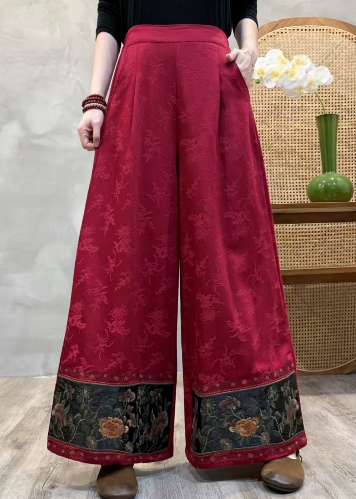 Bohemian Red Embroidered Jacquard Cotton Pants Spring