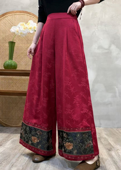 Bohemian Red Embroidered Jacquard Cotton Pants Spring