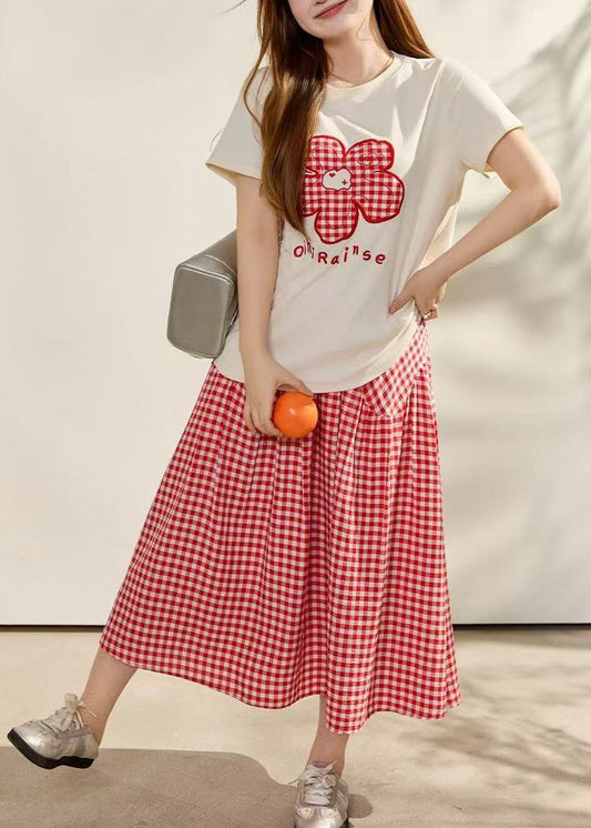Bohemian Red Embroidered Plaid Cotton Two Piece Set Summer