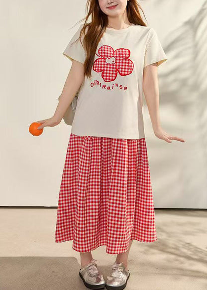 Bohemian Red Embroidered Plaid Cotton Two Piece Set Summer