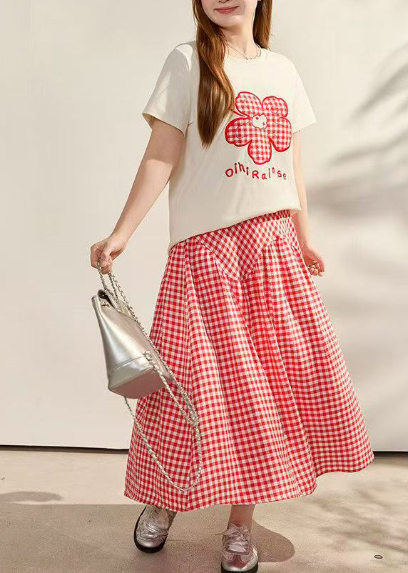 Bohemian Red Embroidered Plaid Cotton Two Piece Set Summer