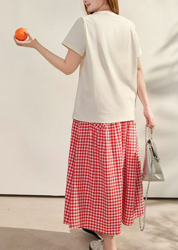 Bohemian Red Embroidered Plaid Cotton Two Piece Set Summer
