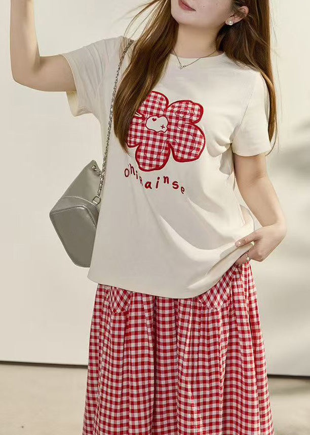 Bohemian Red Embroidered Plaid Cotton Two Piece Set Summer
