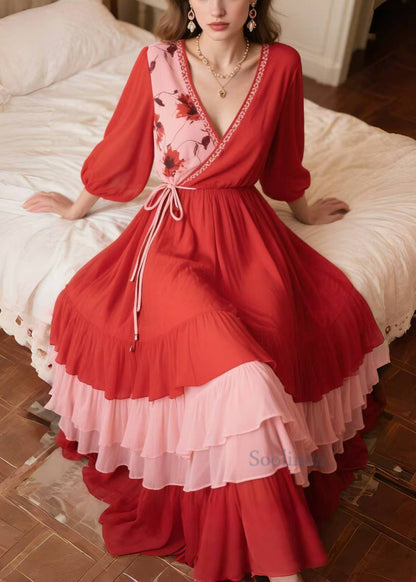 Bohemian Red Exra Large Hem Patchwork Chiffon Vacation Dress Summer