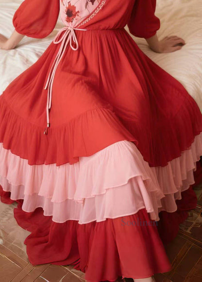 Bohemian Red Exra Large Hem Patchwork Chiffon Vacation Dress Summer