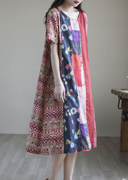 Bohemian Red Loose Patchwork cotton blend Fall Short Sleeve Long Dresses