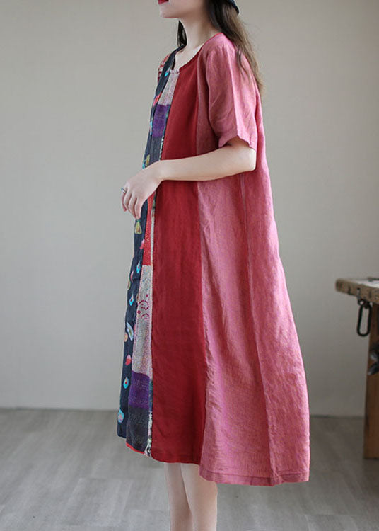 Bohemian Red Loose Patchwork cotton blend Fall Short Sleeve Long Dresses