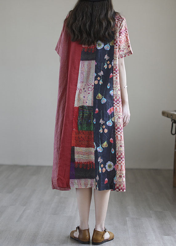 Bohemian Red Loose Patchwork cotton blend Fall Short Sleeve Long Dresses