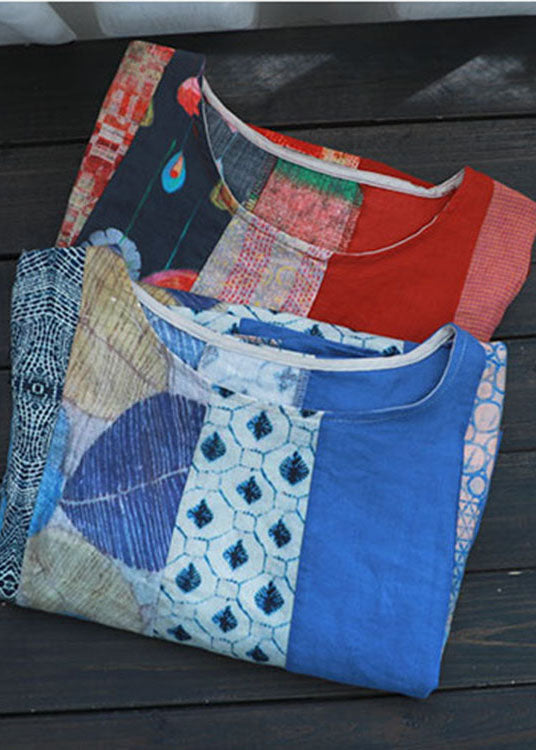 Bohemian Red Loose Patchwork cotton blend Fall Short Sleeve Long Dresses