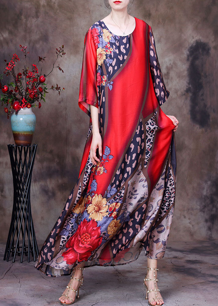 Bohemian Red O-Neck Print Side Open Silk Long Dress Short Sleeve