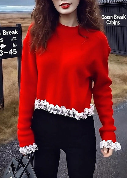 Bohemian Red Oversized Patchwork Lace Sweaters Winter