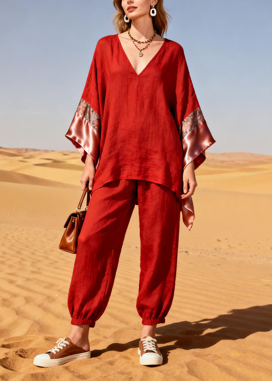 Bohemian Red Oversized Patchwork Linen Silk Two Piece Suit Set Spring