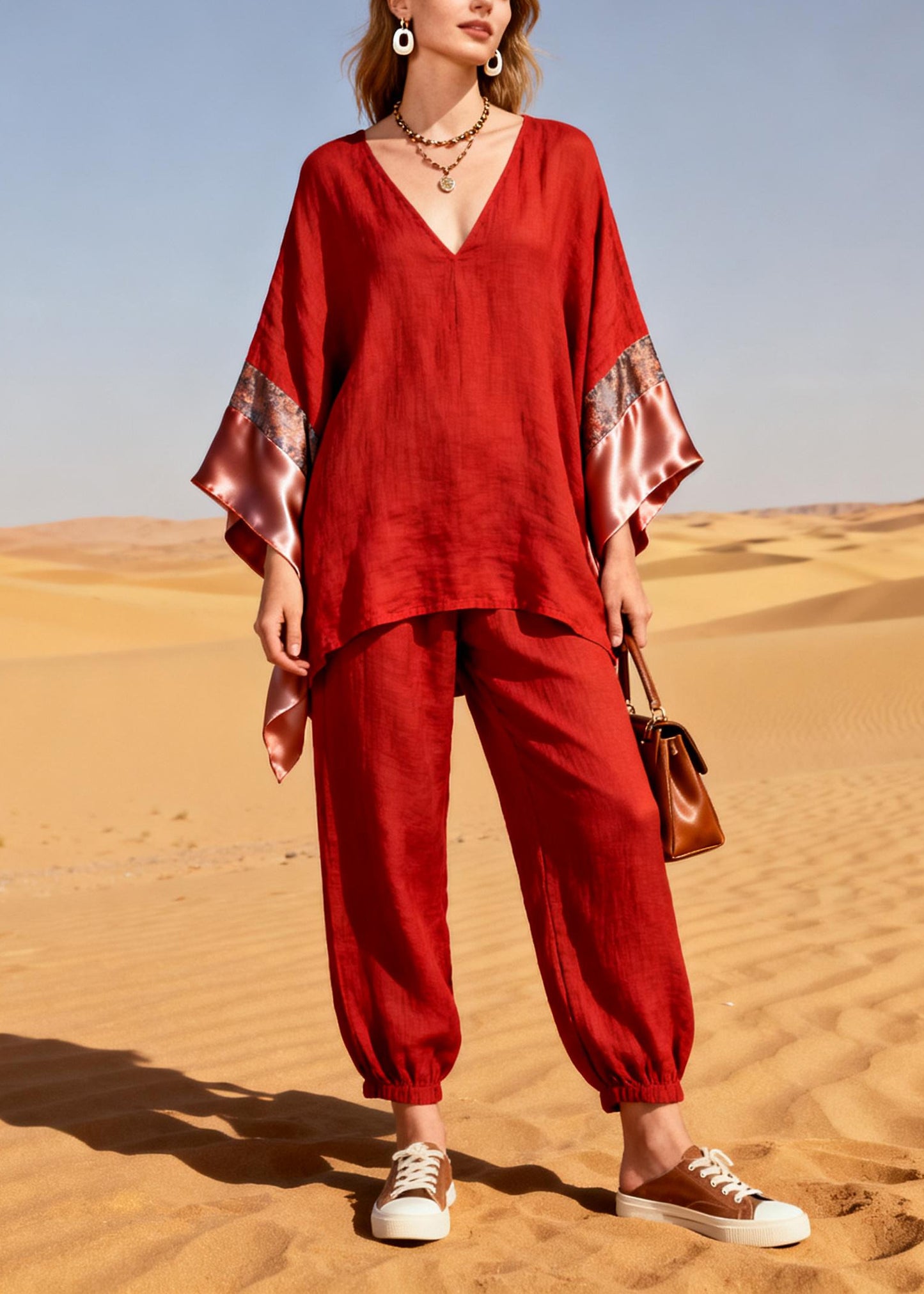 Bohemian Red Oversized Patchwork Linen Silk Two Piece Suit Set Spring