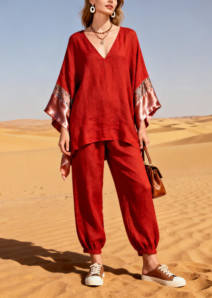 Bohemian Red Oversized Patchwork Linen Silk Two Piece Suit Set Spring