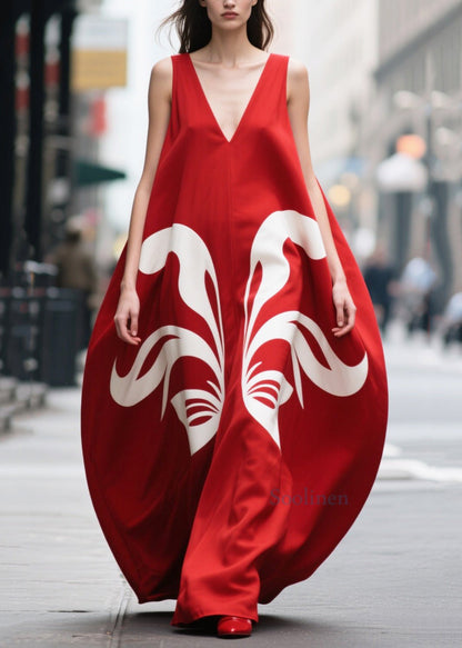 Bohemian Red Oversized Print Chiffon Party Dress Summer