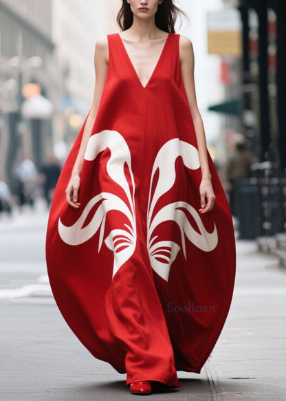 Bohemian Red Oversized Print Chiffon Party Dress Summer