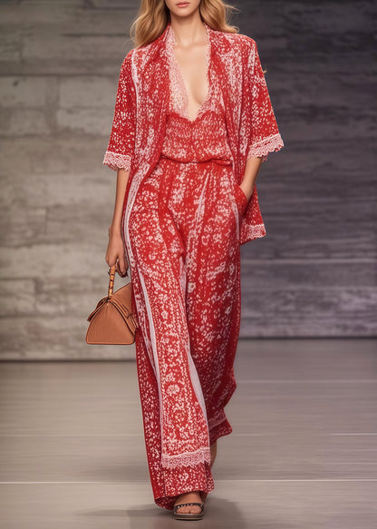 Bohemian Red Oversized Print Chiffon Two Pieces Set Summer