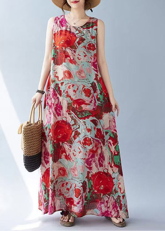 Bohemian Red Oversized Print Cotton Holiday Dress Sleeveless
