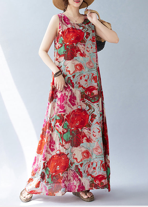 Bohemian Red Oversized Print Cotton Holiday Dress Sleeveless