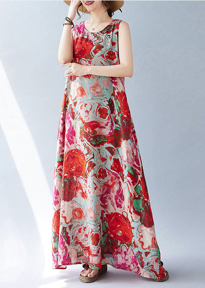 Bohemian Red Oversized Print Cotton Holiday Dress Sleeveless