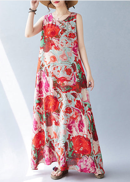 Bohemian Red Oversized Print Cotton Holiday Dress Sleeveless