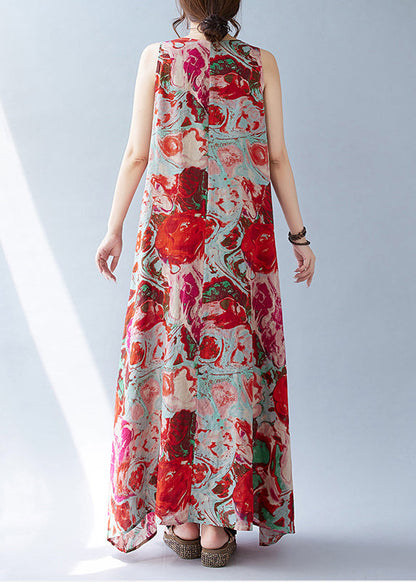 Bohemian Red Oversized Print Cotton Holiday Dress Sleeveless