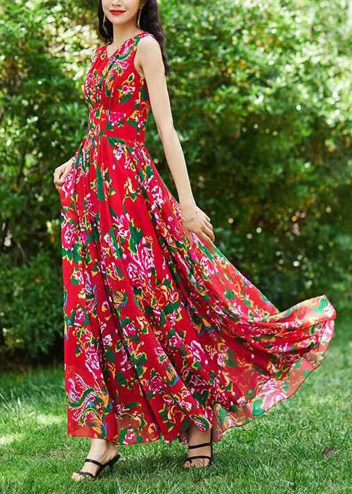 Bohemian Red Print Exra Large Hem Chiffon Dresses Sleeveless