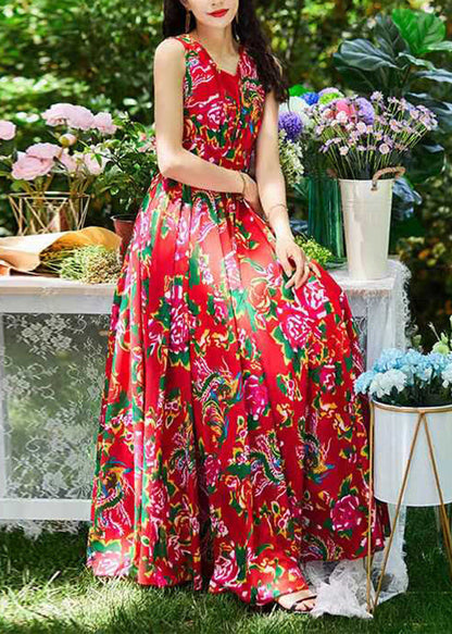 Bohemian Red Print Exra Large Hem Chiffon Dresses Sleeveless