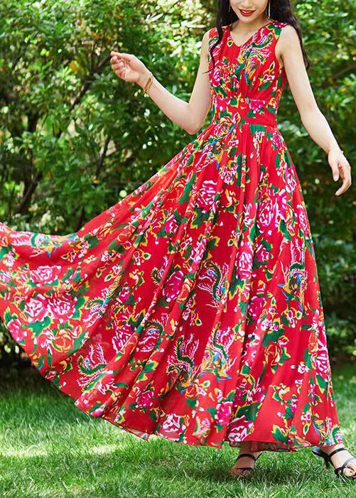 Bohemian Red Print Exra Large Hem Chiffon Dresses Sleeveless