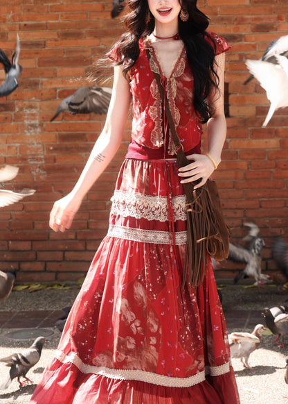 Bohemian Red Print Lace Patchwork Silk Two Pieces Set Summer