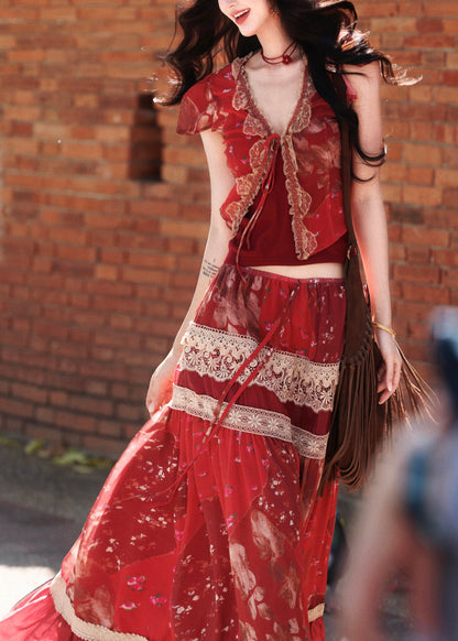Bohemian Red Print Lace Patchwork Silk Two Pieces Set Summer
